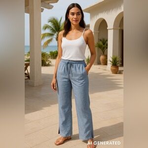 Athleta 100% Linen Wide Leg Pants Blue Chambray Drawstring Size 6 Tall